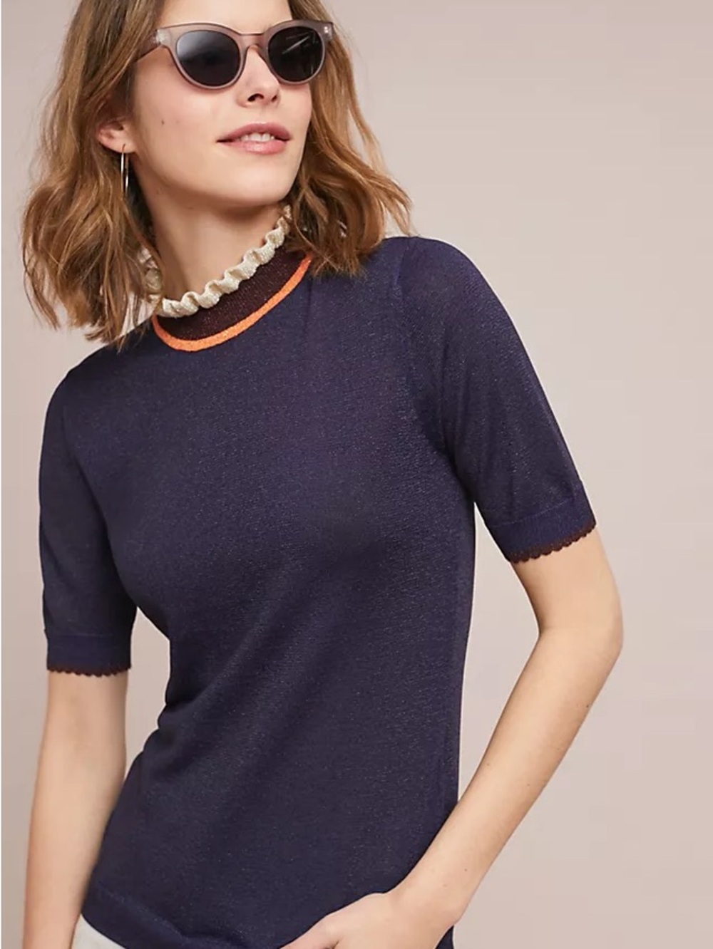 Anthropologie Numph Navy Metallic Alma Knit Top Sz XS